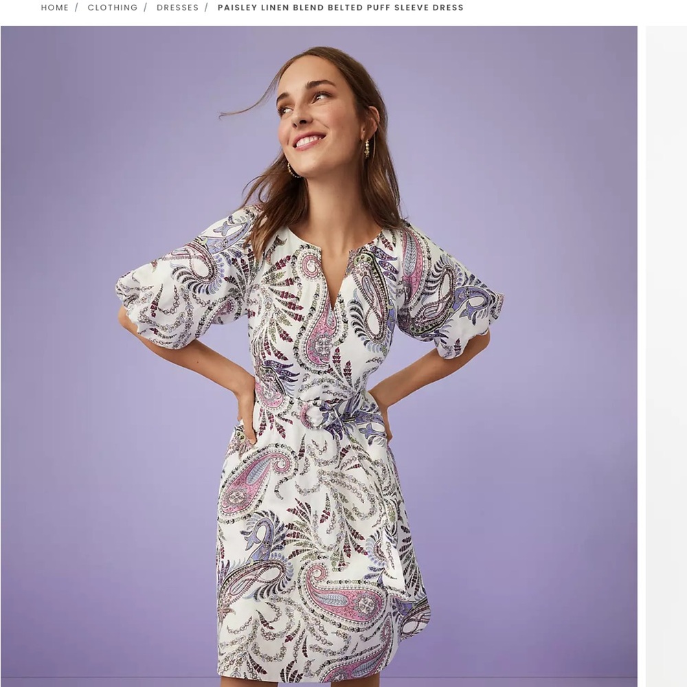 Loft Paisley Linen Blend Belted Puff Sleeve Dress size 8. New with tags.